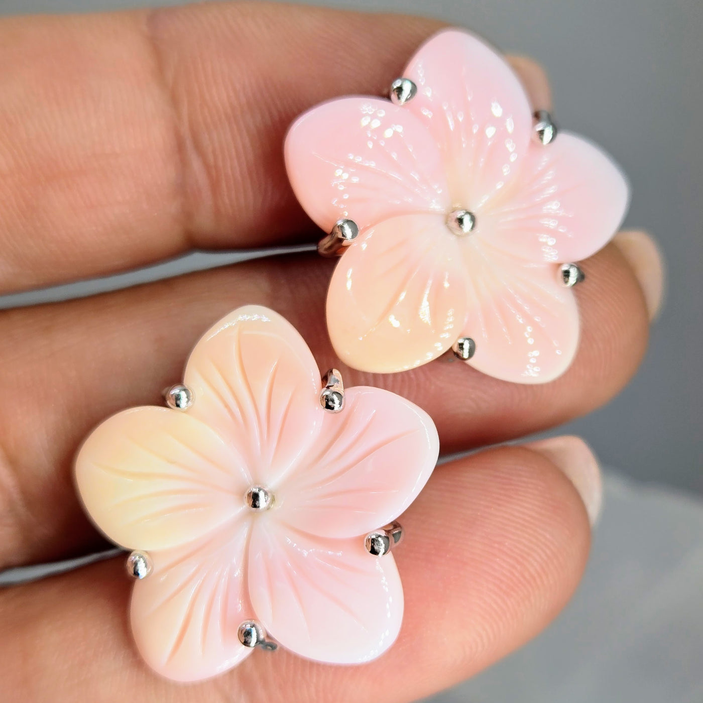 "Frangipani Flowers" 1" Earrings - Conch Shell, Anti-tarnish Sterling