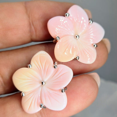 "Frangipani Flowers" 1" Earrings - Conch Shell, Anti-tarnish Sterling