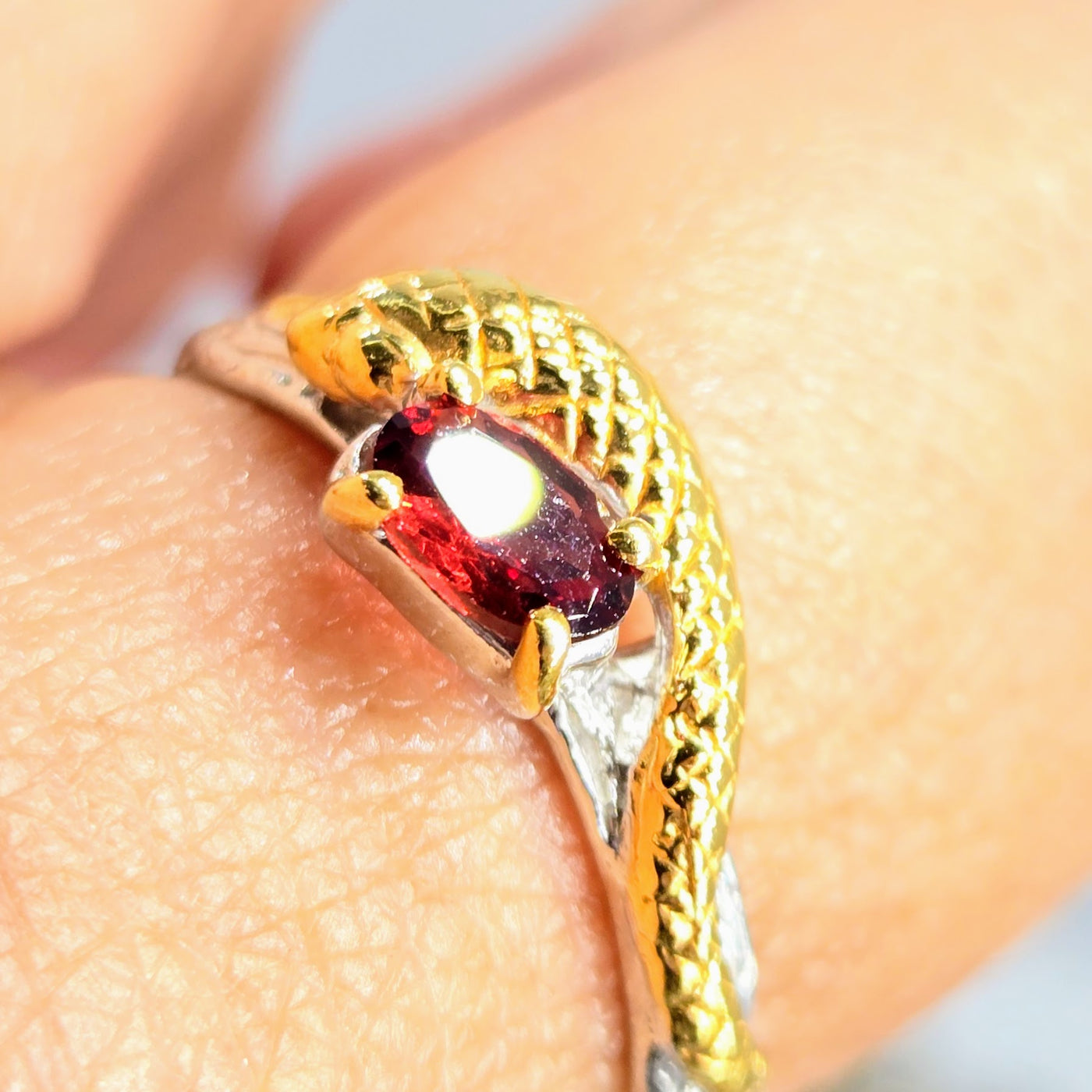 "Serpent & Stone" Sz 10 Ring - Hessonite Garnet, Sapphire, Anti-tarnish Sterling, 18k Gold