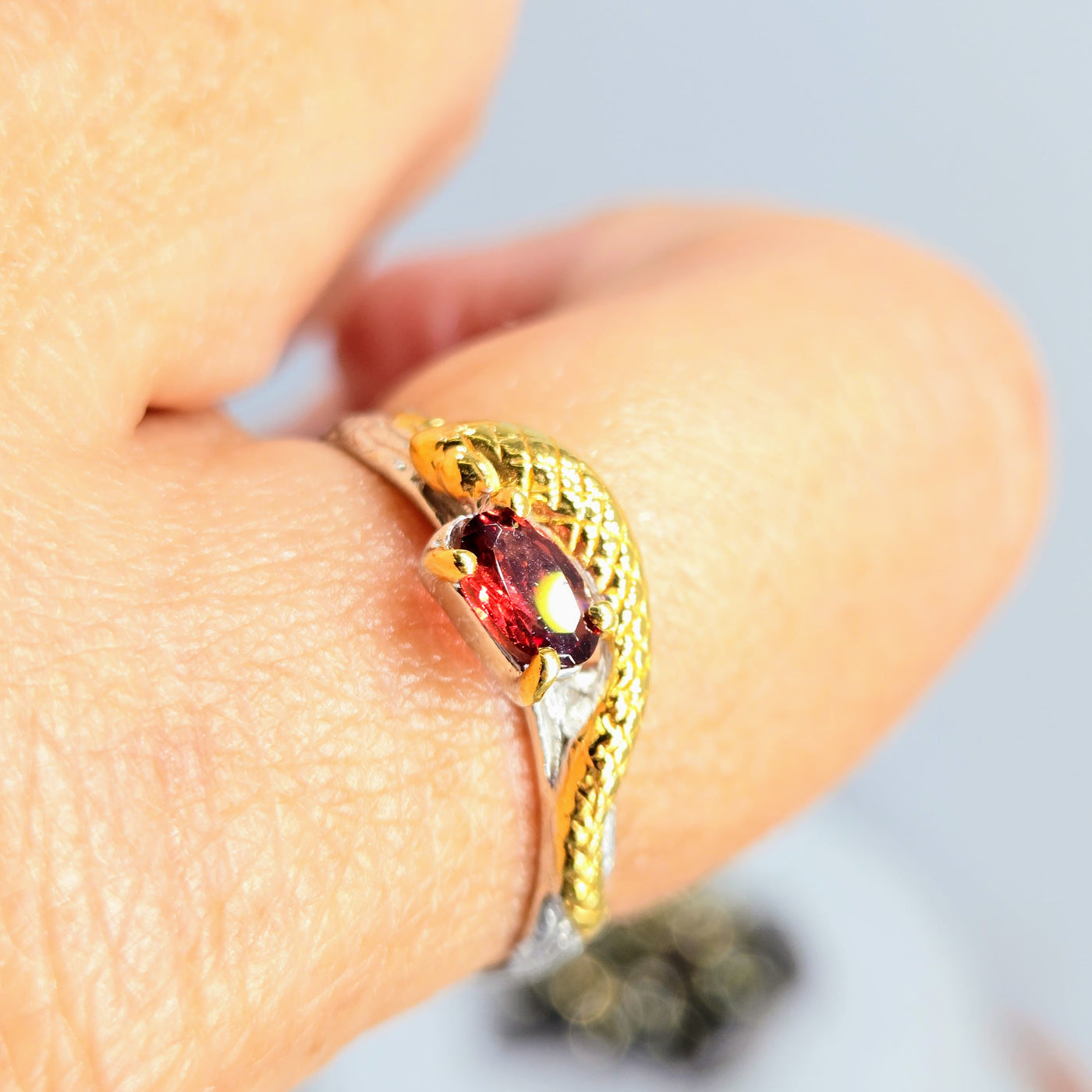 "Serpent & Stone" Sz 10 Ring - Hessonite Garnet, Sapphire, Anti-tarnish Sterling, 18k Gold