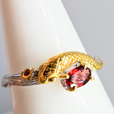 "Serpent & Stone" Sz 10 Ring - Hessonite Garnet, Sapphire, Anti-tarnish Sterling, 18k Gold
