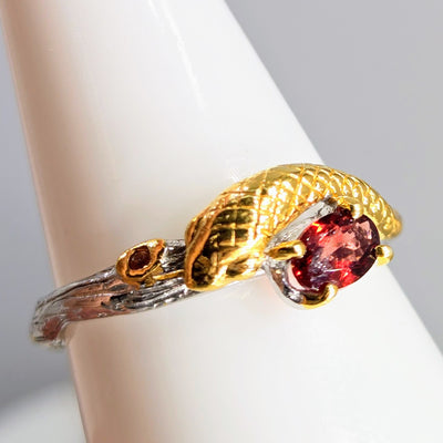 "Serpent & Stone" Sz 10 Ring - Hessonite Garnet, Sapphire, Anti-tarnish Sterling, 18k Gold