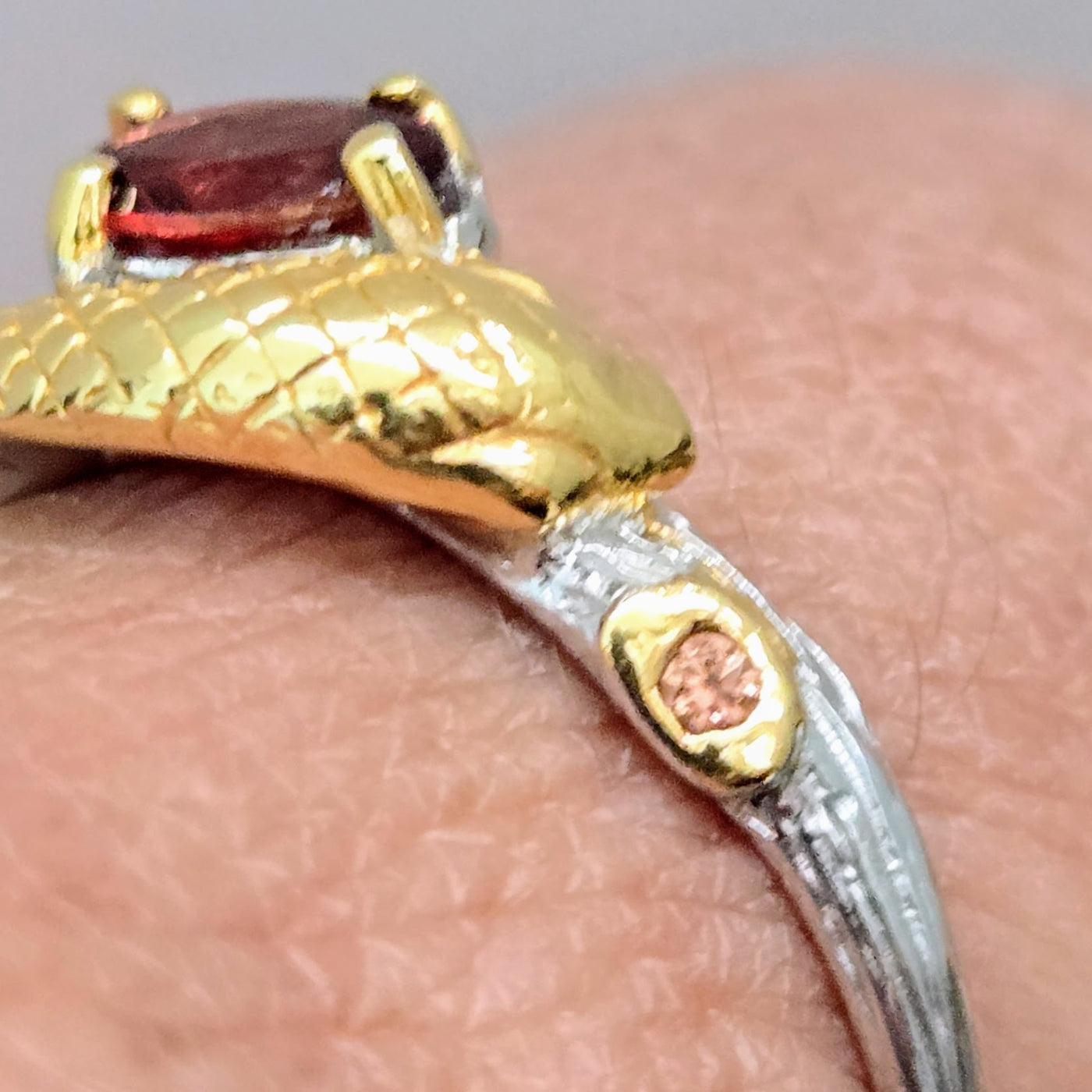 "Serpent & Stone" Sz 10 Ring - Hessonite Garnet, Sapphire, Anti-tarnish Sterling, 18k Gold