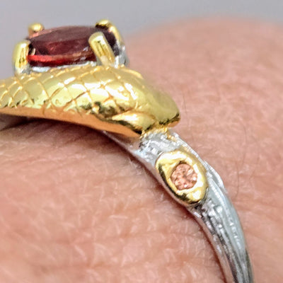 "Serpent & Stone" Sz 10 Ring - Hessonite Garnet, Sapphire, Anti-tarnish Sterling, 18k Gold