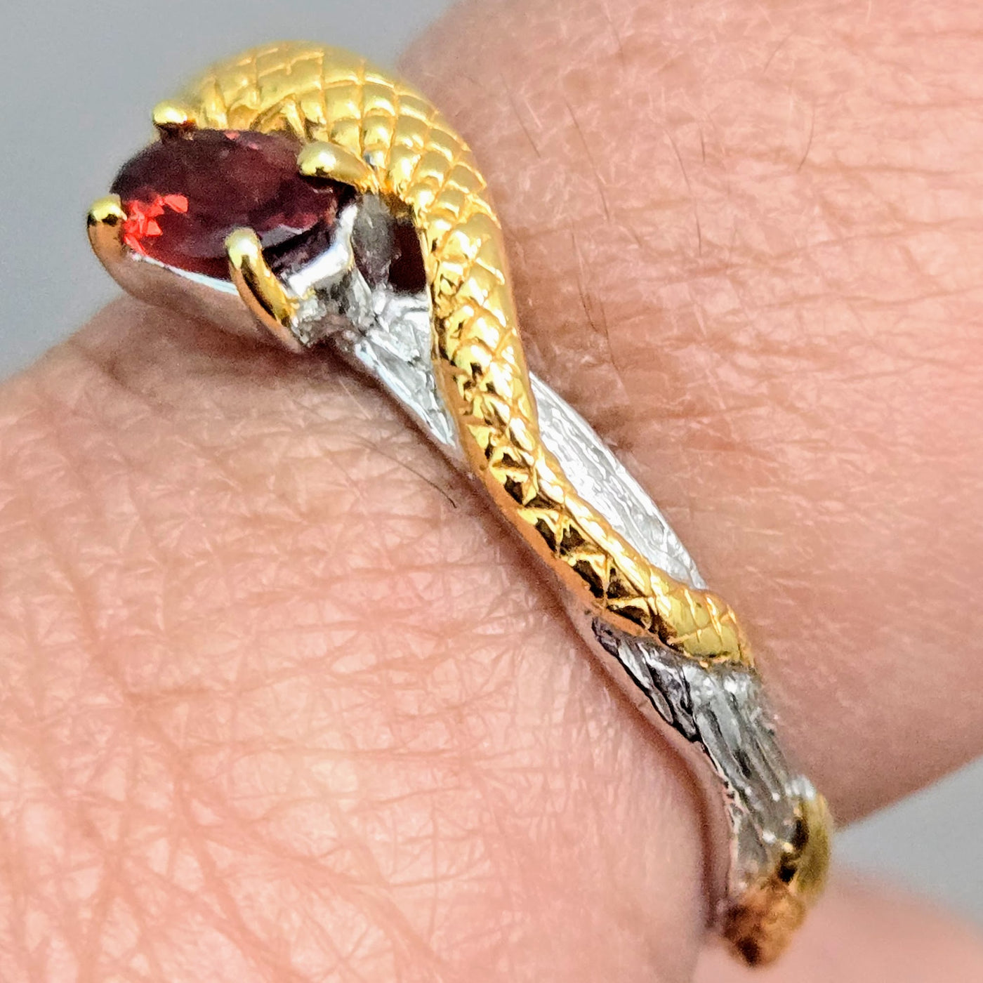 "Serpent & Stone" Sz 10 Ring - Hessonite Garnet, Sapphire, Anti-tarnish Sterling, 18k Gold