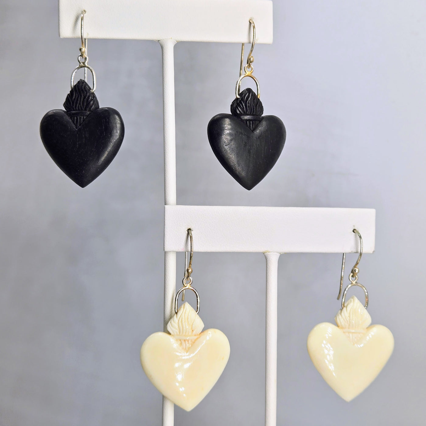 "Sacred Hearts" 2" Earrings - Ethical Bone or Ebony, Sterling