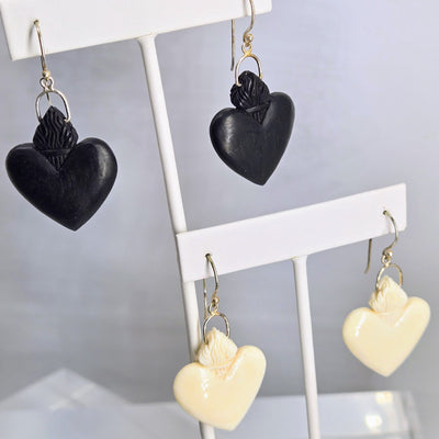 "Sacred Hearts" 2" Earrings - Ethical Bone or Ebony, Sterling