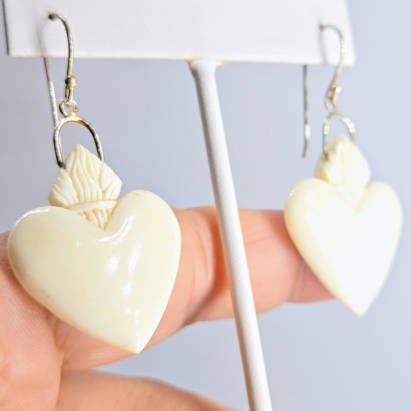 "Sacred Hearts" 2" Earrings - Ethical Bone or Ebony, Sterling