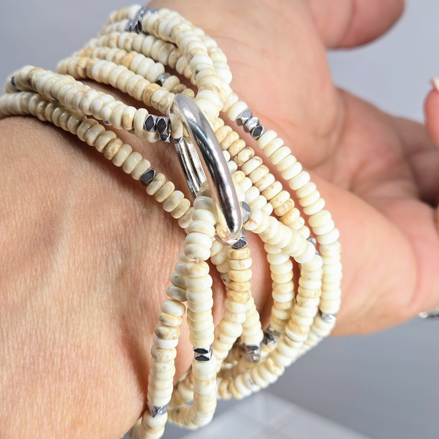 "The Natural" 64" Convertible Necklace - Dolomite, Hematite (Enhancer Clip Included)