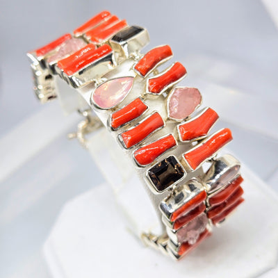 "Spicy Tomato Stix" 6.5" - 7.5" Bracelet - Mediterranean Coral, Chalcedony, Morganite, Quartz, Sterling