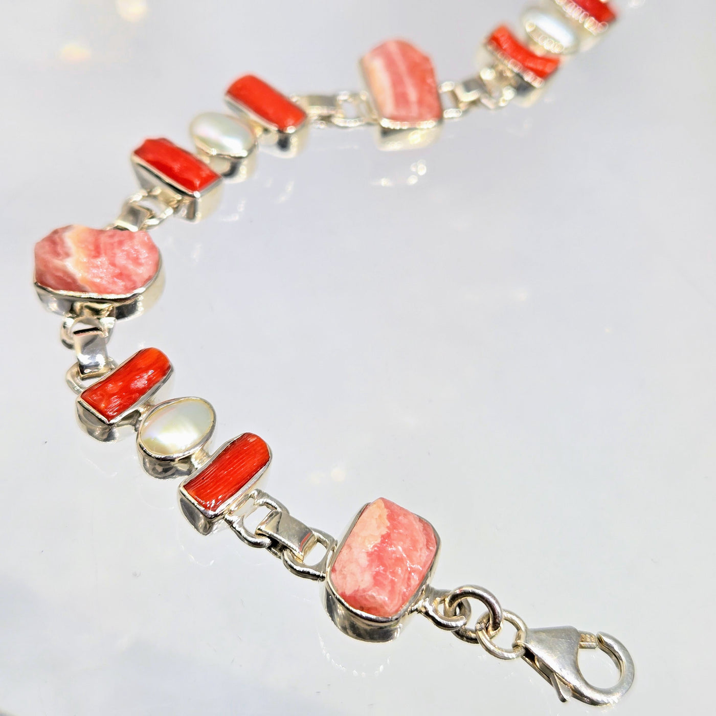 "Spicy Key West Pinks" 7" - 9" Bracelet - Rhodochrosite, Coral, Pearls, Sterling
