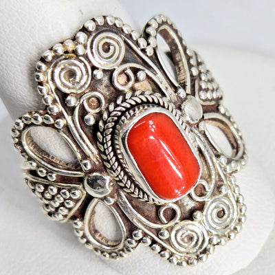 "Red Hot" Sz 9 Ring - Ethical Italian Red Coral, Sterling