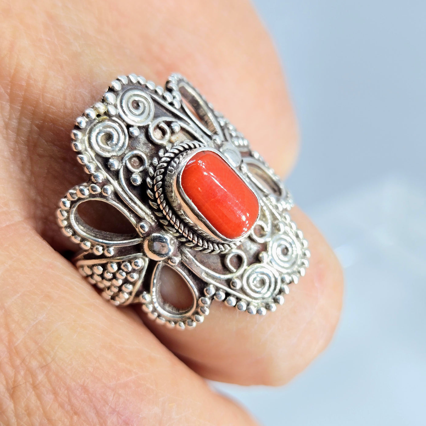 "Red Hot" Sz 9 Ring - Ethical Italian Red Coral, Sterling