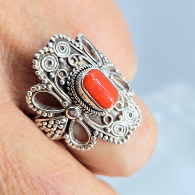 "Red Hot" Sz 9 Ring - Ethical Italian Red Coral, Sterling