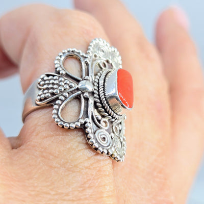 "Red Hot" Sz 9 Ring - Ethical Italian Red Coral, Sterling