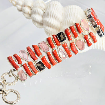 "Spicy Tomato Stix" 6.5" - 7.5" Bracelet - Mediterranean Coral, Chalcedony, Morganite, Quartz, Sterling