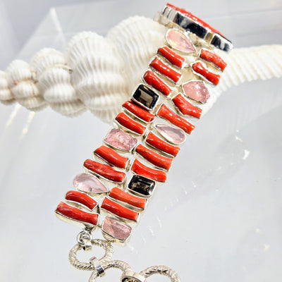 "Spicy Tomato Stix" 6.5" - 7.5" Bracelet - Mediterranean Coral, Chalcedony, Morganite, Quartz, Sterling