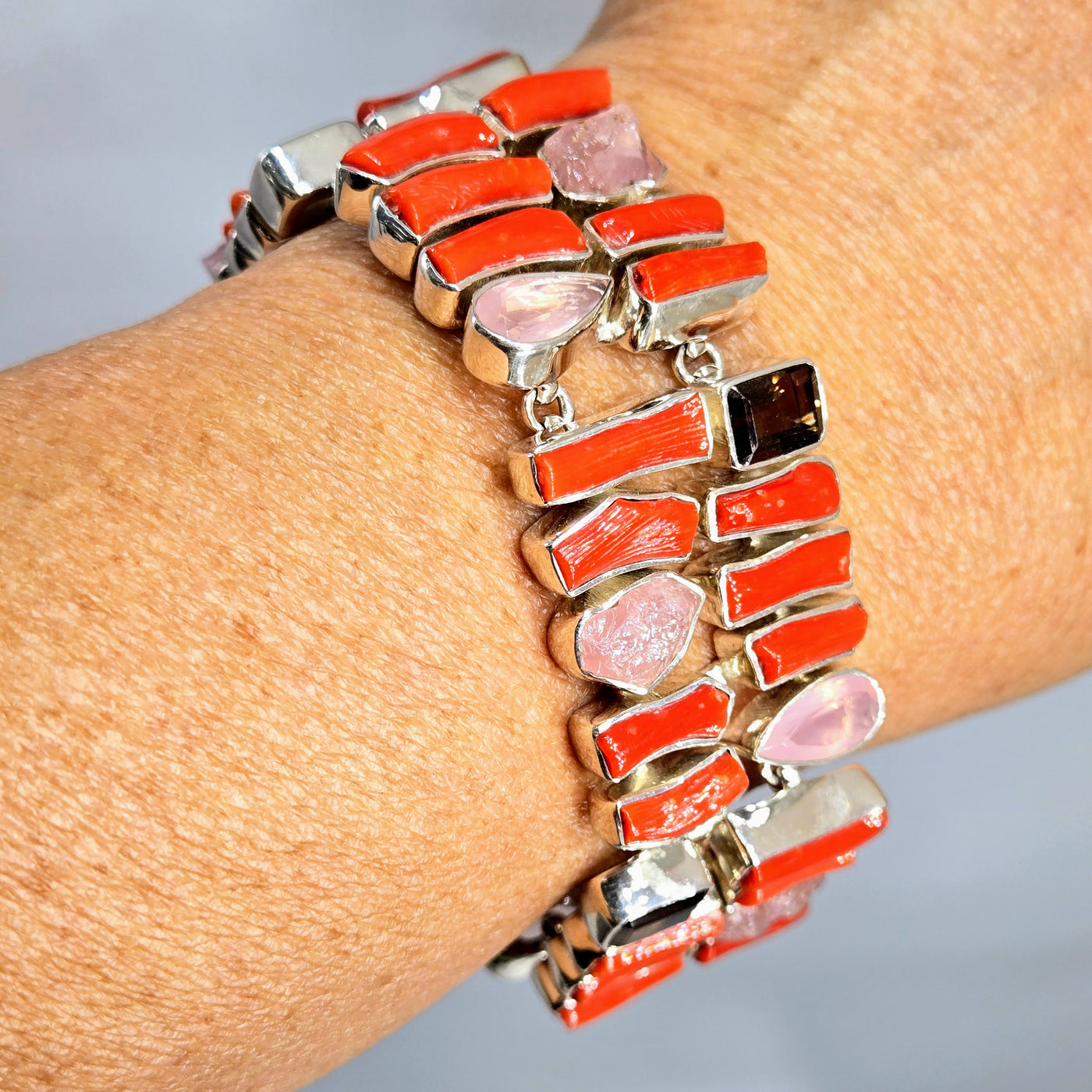 "Spicy Tomato Stix" 6.5" - 7.5" Bracelet - Mediterranean Coral, Chalcedony, Morganite, Quartz, Sterling