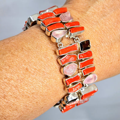 "Spicy Tomato Stix" 6.5" - 7.5" Bracelet - Mediterranean Coral, Chalcedony, Morganite, Quartz, Sterling
