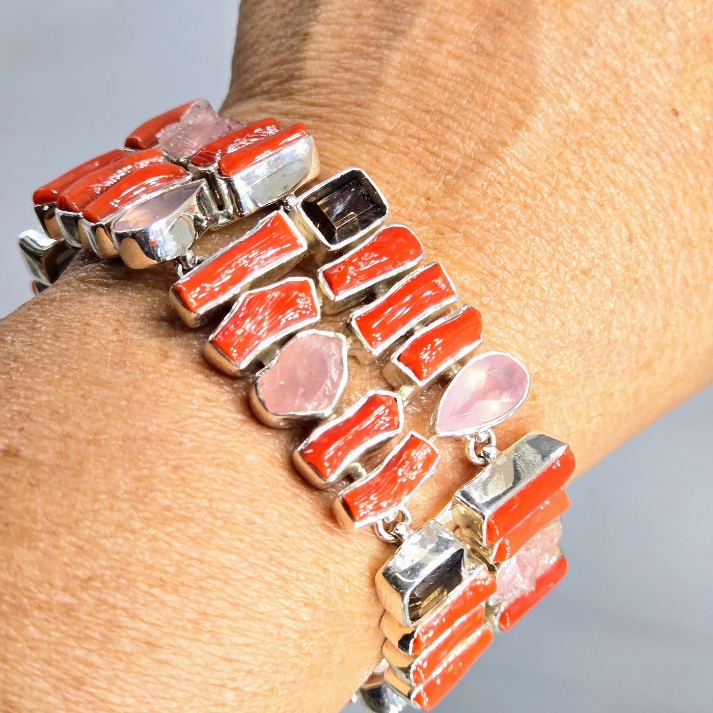 "Spicy Tomato Stix" 6.5" - 7.5" Bracelet - Mediterranean Coral, Chalcedony, Morganite, Quartz, Sterling