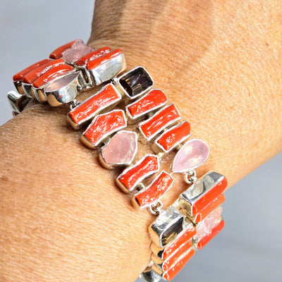 "Spicy Tomato Stix" 6.5" - 7.5" Bracelet - Mediterranean Coral, Chalcedony, Morganite, Quartz, Sterling