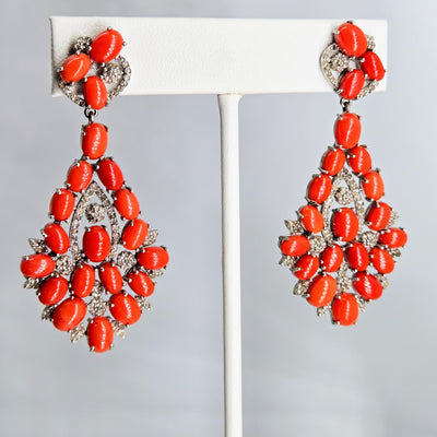 "Spicy Sparklers" 2.5" Earrings - Ethical Red Coral, Diamonds, Sterling