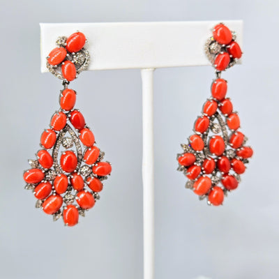 "Spicy Sparklers" 2.5" Earrings - Ethical Red Coral, Diamonds, Sterling