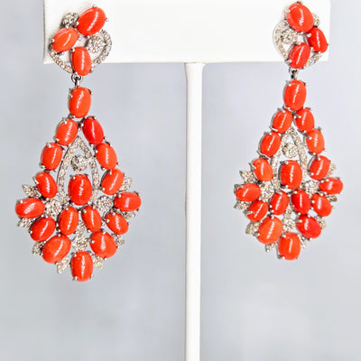 "Spicy Sparklers" 2.5" Earrings - Ethical Red Coral, Diamonds, Sterling
