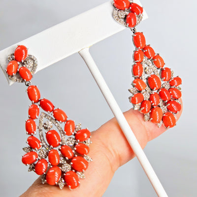 "Spicy Sparklers" 2.5" Earrings - Ethical Red Coral, Diamonds, Sterling