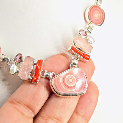 "Precious Pinks" 15" - 18" Necklace - Rhodochrosite, Coral, Morganite, Chalcedony, Pearls, Tourmaline, Sterling