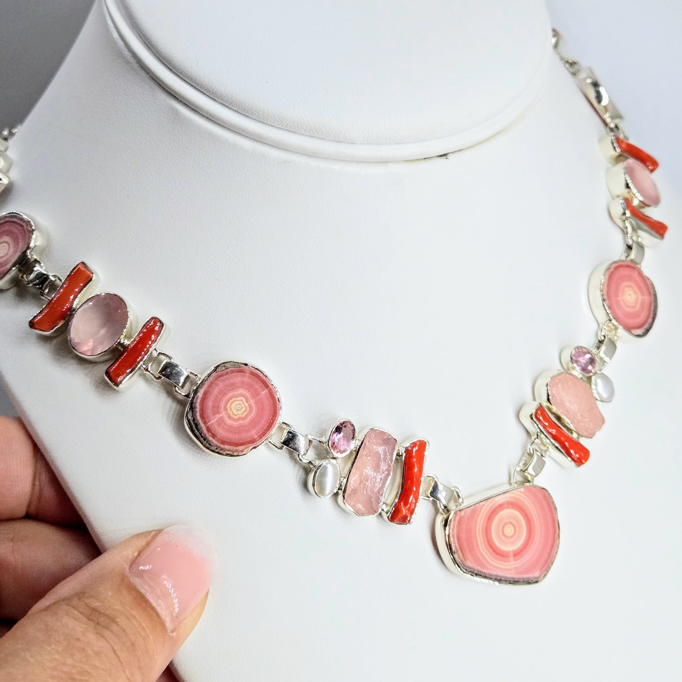 "Precious Pinks" 15" - 18" Necklace - Rhodochrosite, Coral, Morganite, Chalcedony, Pearls, Tourmaline, Sterling