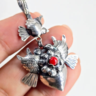 "Lovey Doves" 2" Pendant Necklace - Sterling, Coral