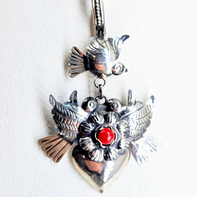 "Lovey Doves" 2" Pendant Necklace - Sterling, Coral