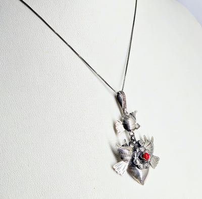 "Lovey Doves" 2" Pendant Necklace - Sterling, Coral
