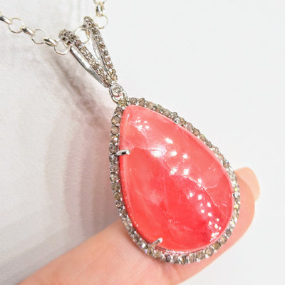 "Jolly Rancher-Pink" Pendant Necklace - Rhodochrosite, Diamond, Anti-tarnish Sterling + Crystal Strand