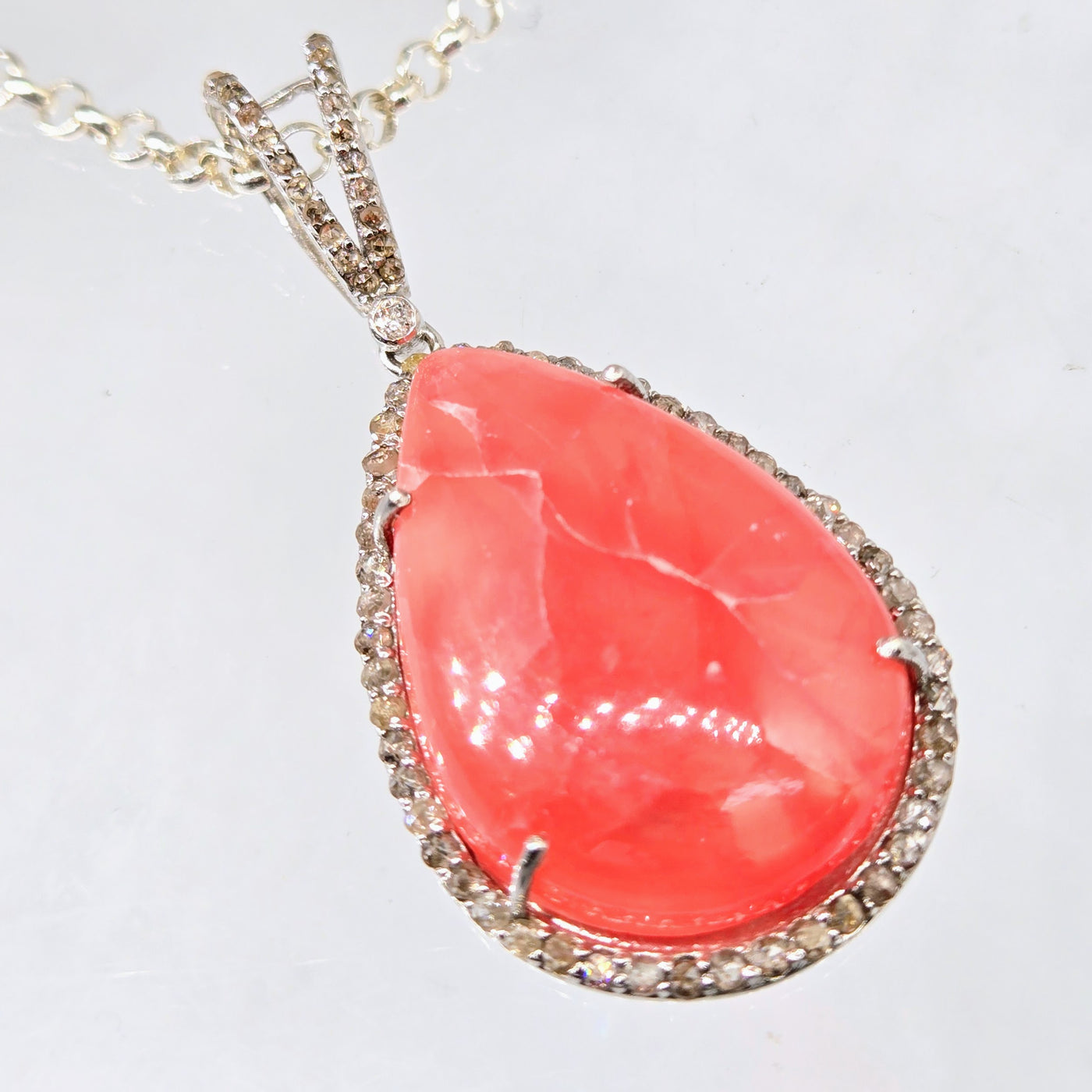 "Jolly Rancher-Pink" Pendant Necklace - Rhodochrosite, Diamond, Anti-tarnish Sterling + Crystal Strand