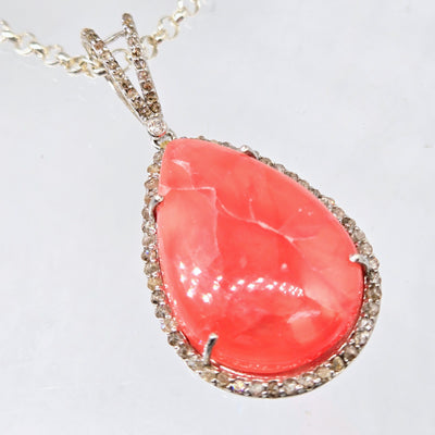 "Jolly Rancher-Pink" Pendant Necklace - Rhodochrosite, Diamond, Anti-tarnish Sterling + Crystal Strand