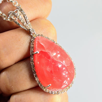 "Jolly Rancher-Pink" Pendant Necklace - Rhodochrosite, Diamond, Anti-tarnish Sterling + Crystal Strand