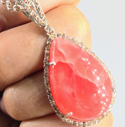 "Jolly Rancher-Pink" Pendant Necklace - Rhodochrosite, Diamond, Anti-tarnish Sterling + Crystal Strand