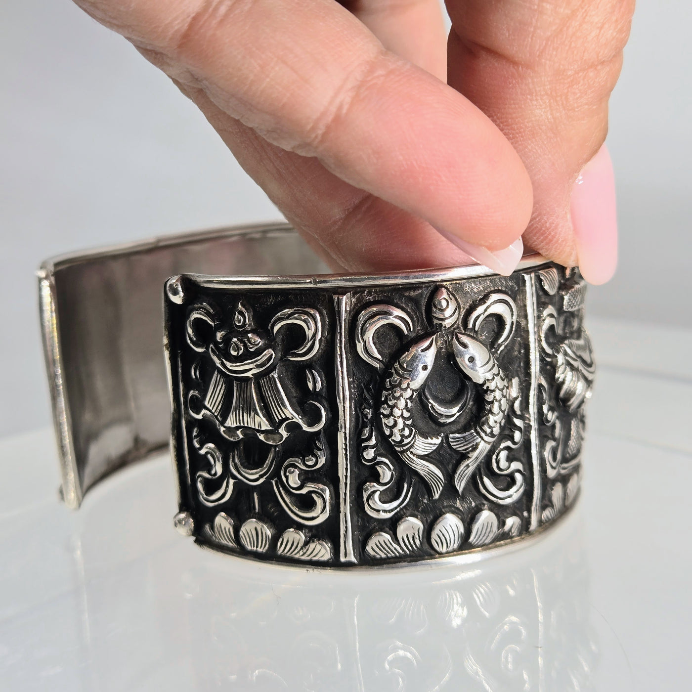 "The Auspicious 8" Sz Med - Lg Cuff Bracelet - Nepali Sterling .925