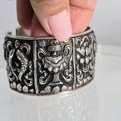 "The Auspicious 8" Sz Med - Lg Cuff Bracelet - Nepali Sterling .925