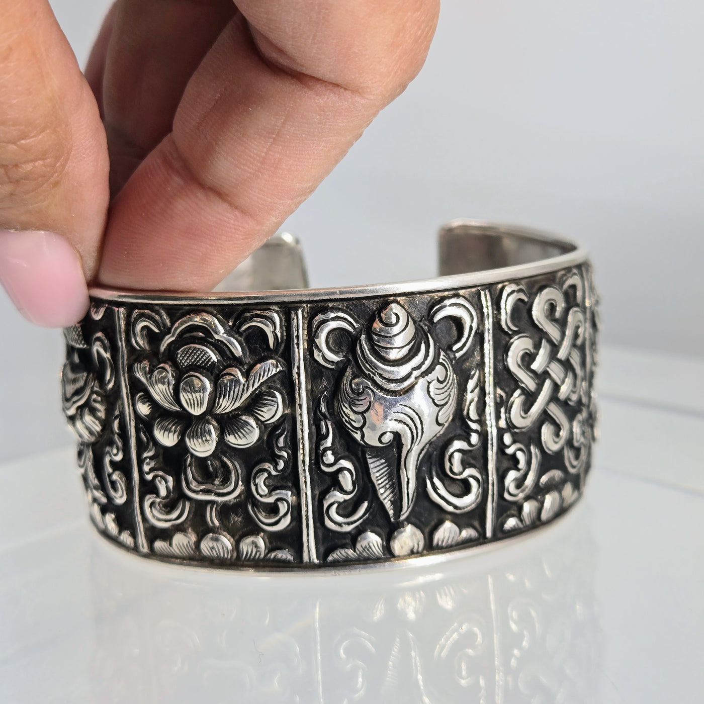 "The Auspicious 8" Sz Med - Lg Cuff Bracelet - Nepali Sterling .925