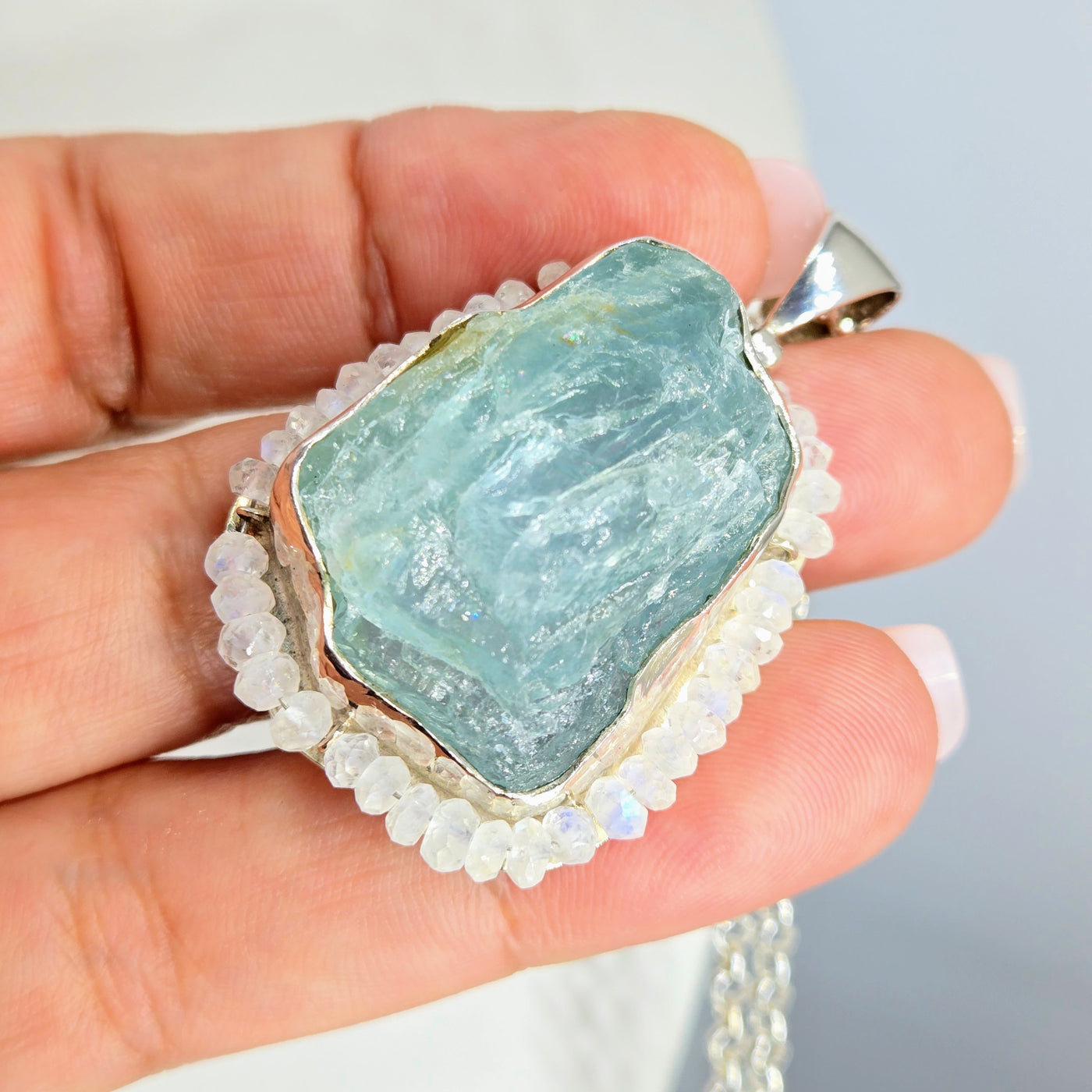 "Ice Blue" Pendant Necklace - Aquamarine, Moonstone, Sterling