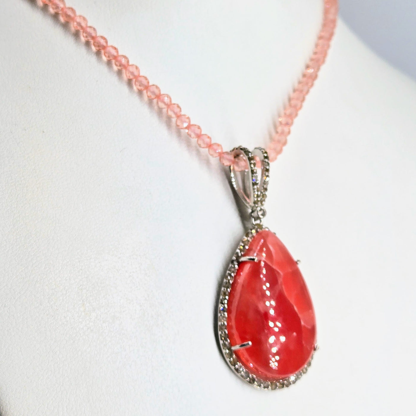 "Jolly Rancher-Pink" Pendant Necklace - Rhodochrosite, Diamond, Anti-tarnish Sterling + Crystal Strand
