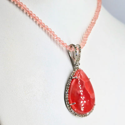 "Jolly Rancher-Pink" Pendant Necklace - Rhodochrosite, Diamond, Anti-tarnish Sterling + Crystal Strand
