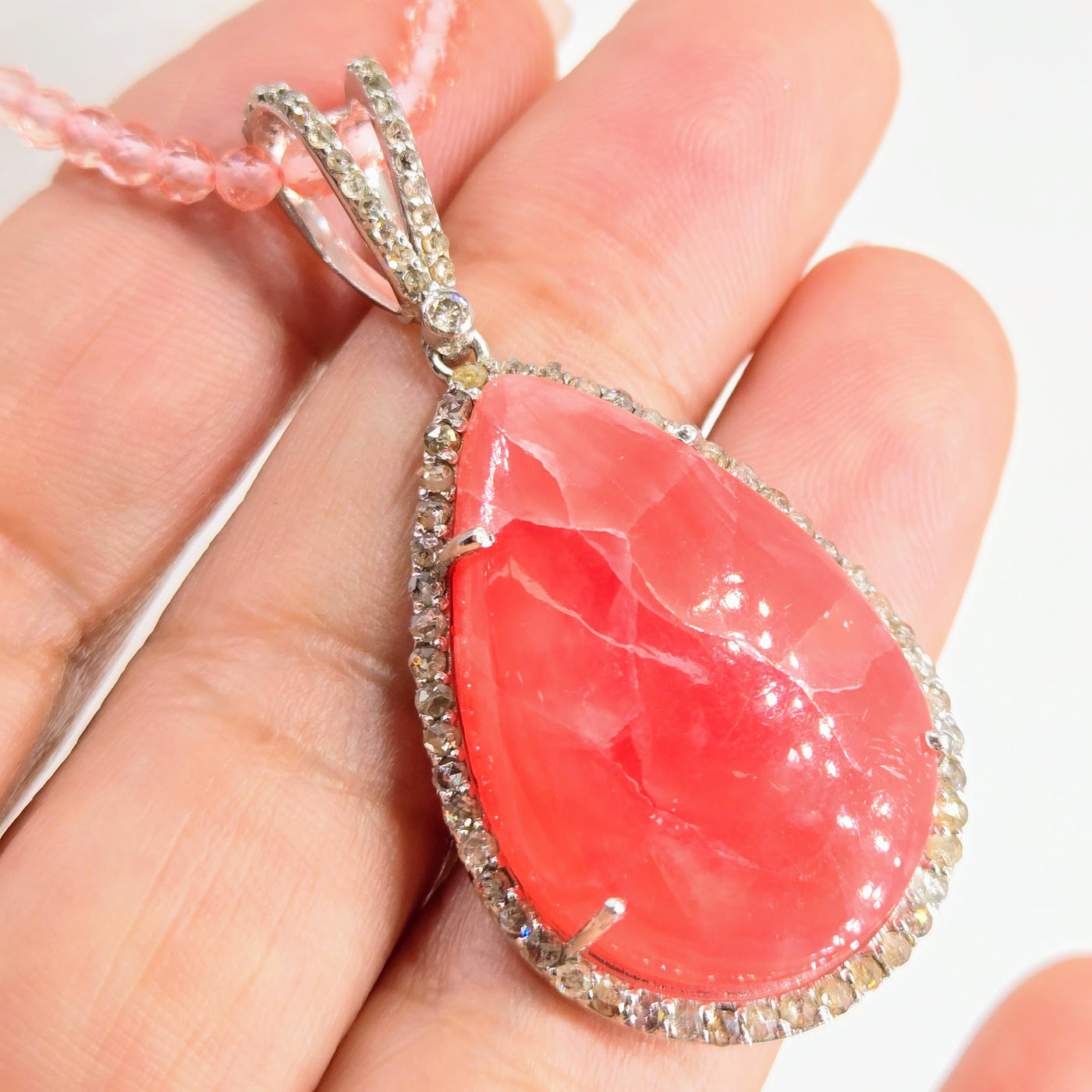 "Jolly Rancher-Pink" Pendant Necklace - Rhodochrosite, Diamond, Anti-tarnish Sterling + Crystal Strand