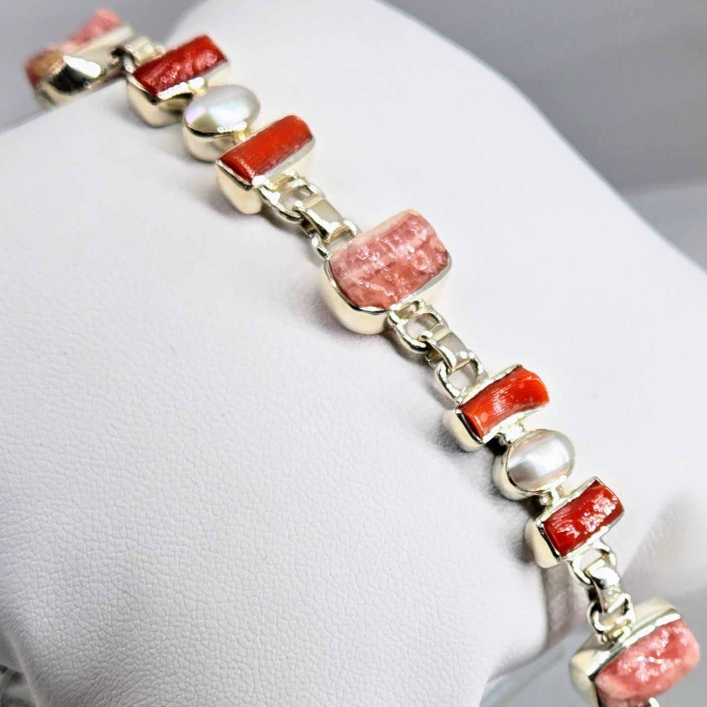 "Spicy Key West Pinks" 7" - 9" Bracelet - Rhodochrosite, Coral, Pearls, Sterling