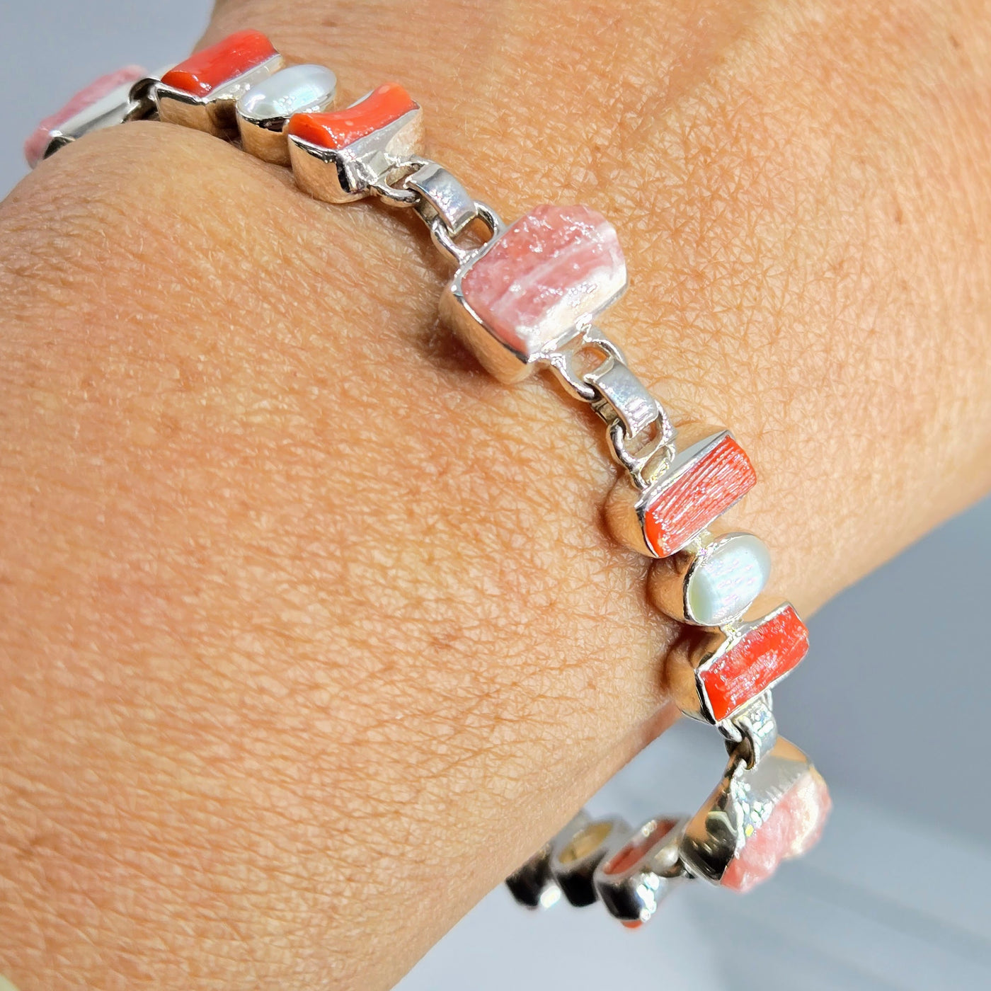 "Spicy Key West Pinks" 7" - 9" Bracelet - Rhodochrosite, Coral, Pearls, Sterling