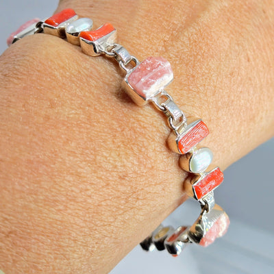 "Spicy Key West Pinks" 7" - 9" Bracelet - Rhodochrosite, Coral, Pearls, Sterling