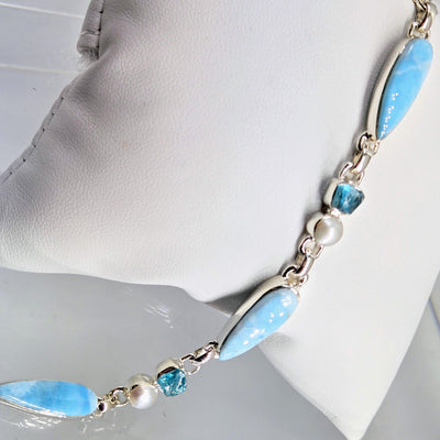 "Island Beauty" 7" - 9" Bracelet - Larimar, Apatite, Pearl, Sterling